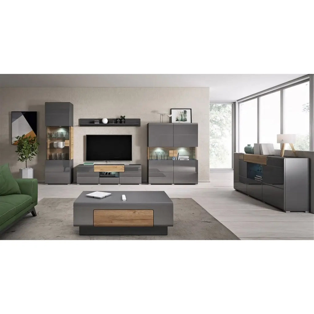 Vetrina a doppie porte collezione OHIO. Colore grigio antracite e rovere.