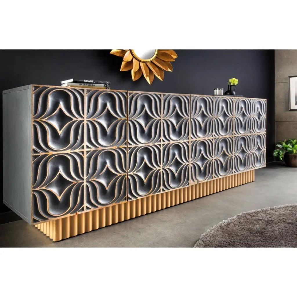 Buffet PALAZZO 180 cm – Legno massiccio grigio e dorato – Scolpito stile retrò-veneziano