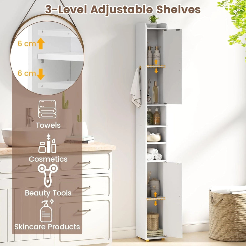 Armadietto da bagno da 179 cm, con 2 ante, 3 ripiani aperti, ganci e porta carta igienica, 20 x 20 cm, per ufficio, cucina e corridoio (3 ripiani, bianco)