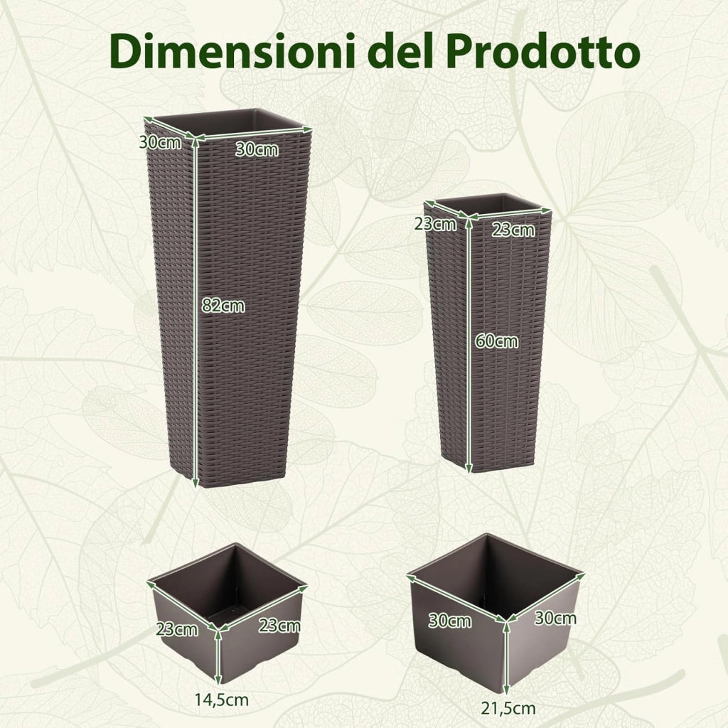 2 Vasi Alti per Piante da Interno ed Esterno, Grandi Fioriere in Rattan con Vassoi Interni Rimovibili, Fori di Drenaggio, Fioriere Decorative per Giardino, Cortile e Balcone (Marrone)