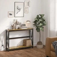 Consolle da Ingresso Stile Industriale con Prese di Corrente e USB, Legno e Acciaio, 100x24x75cm, Marrone