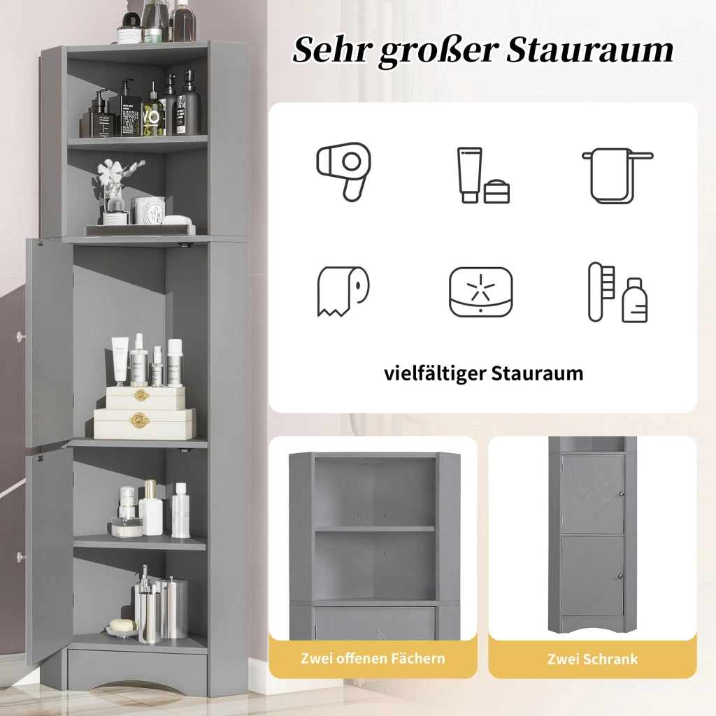 Mobiletto angolare da bagno con vani aperti e ante decorate; grigio