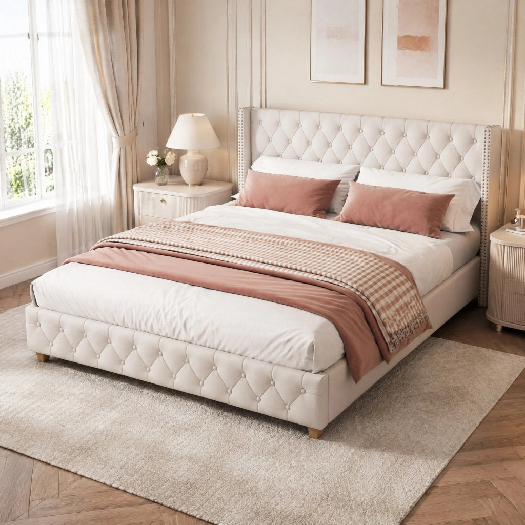 DESMIU Letto Matrimoniale 2 Posti con Testiera Imbottita, Bottoni e Borchie, 160 × 200 cm, Senza Materasso