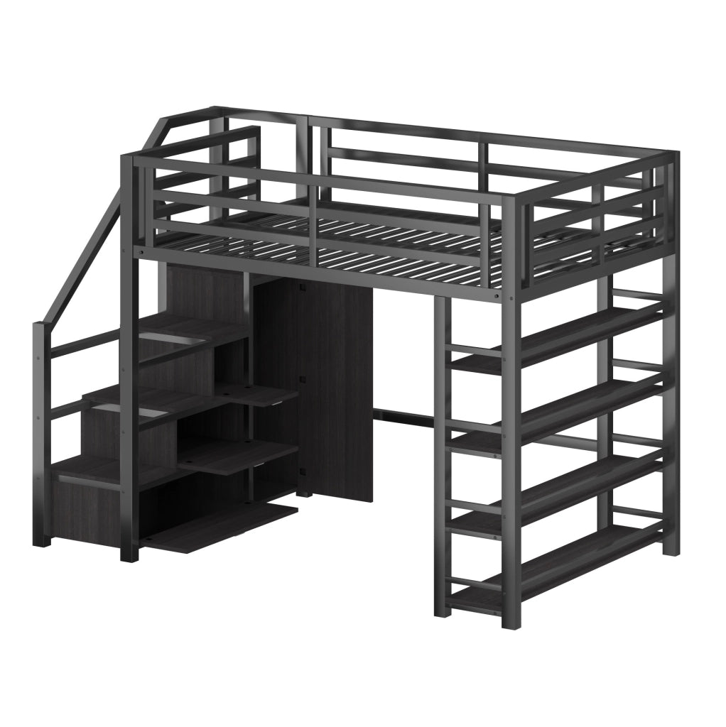 Letto a soppalco 140x200 con libreria, armadio, scala contenitore e LED