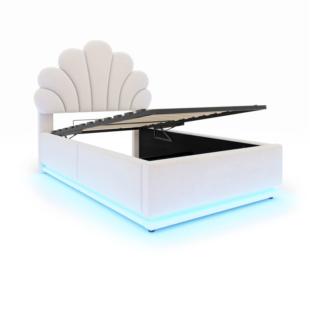 Letto Contenitore 90x200 cm; con LED e Contenitore Idraulico in Velluto Beige