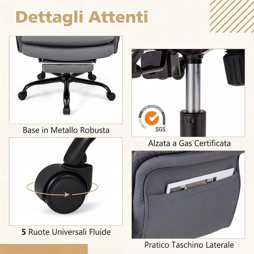 Sedia da Ufficio Ergonomica, Portata 150 kg (Grigio) | Sedia Scrivania con Rotelle Girevole, Braccioli Regolabili su 5 Livelli e Poggiapiedi Retrattile, per Casa e Ufficio