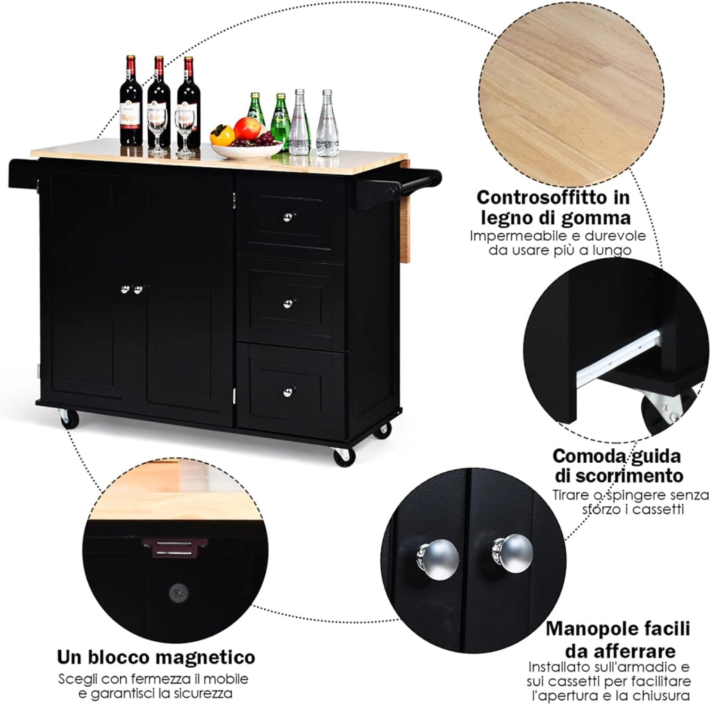 Carrello da Cucina in Legno, Credenza Cucina Salvaspazio con Mensole Regolabili, Armadietto per Microonde con Cassetti, 136 x 76 x 91 cm (Nero)