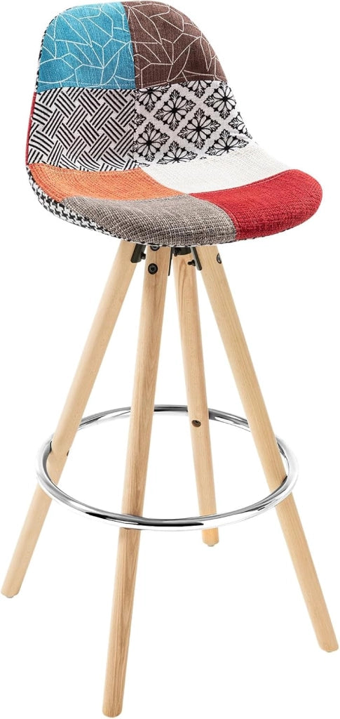 Sgabelli Bar Set di 2, Sedia Alta con Schienale e Poggiapiedi per Isola Cucina, Pub, Sala da Pranzo, in Gambe Legno, Lino, Patchwork