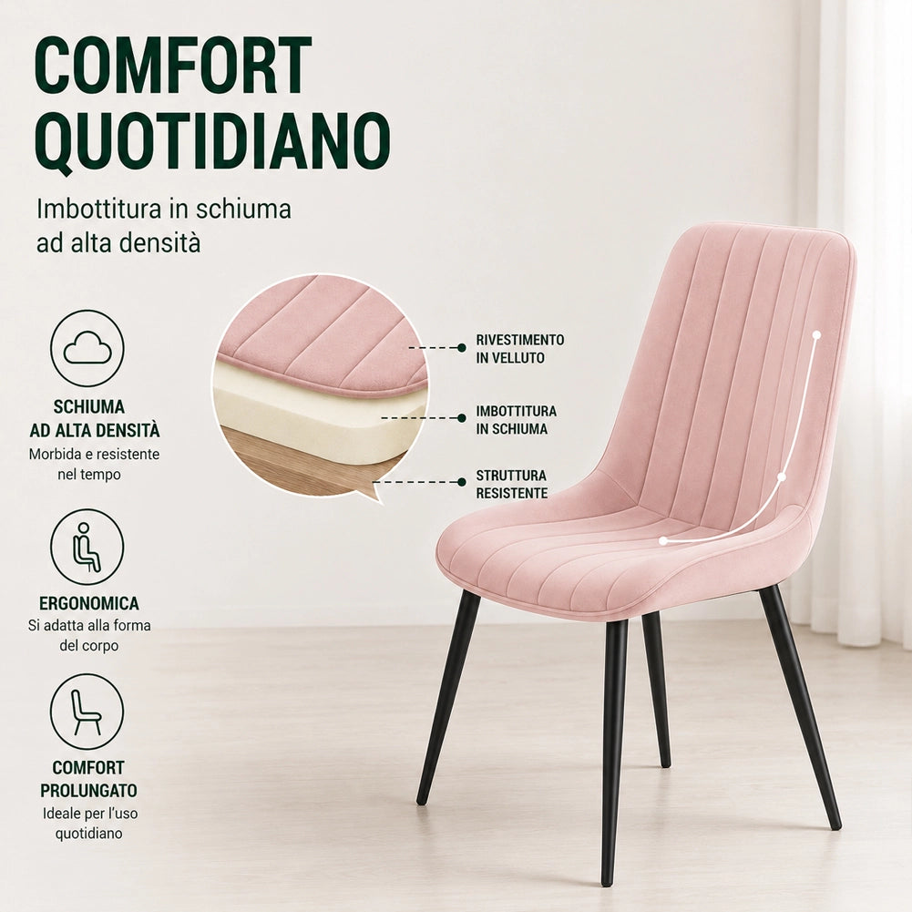 Set 4 Sedie da Pranzo Rosa in Velluto Seduta Ergonomica e Struttura in Acciaio