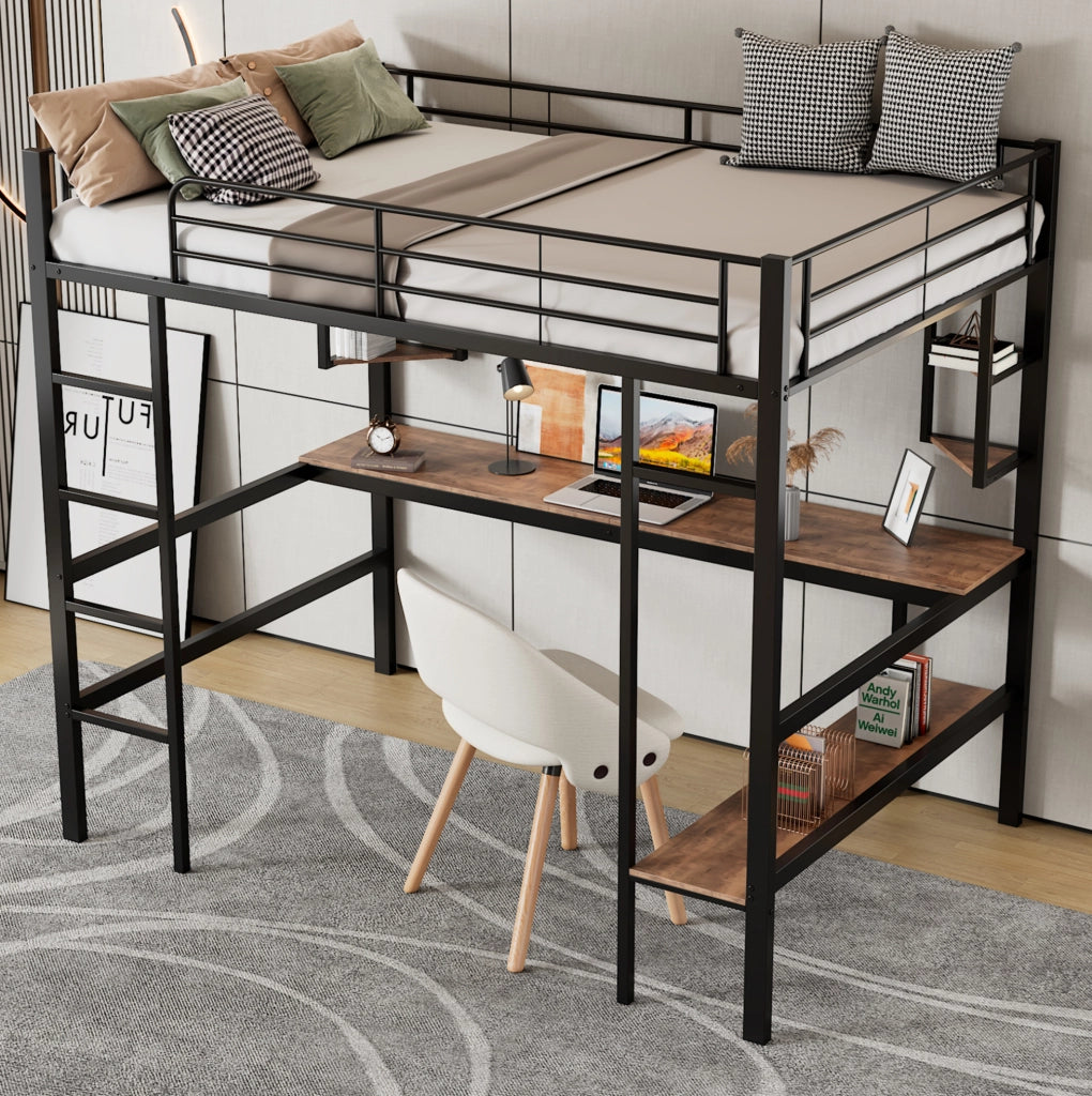 Letto a soppalco 90x200 cm con scrivania e libreria; metallo; nero
