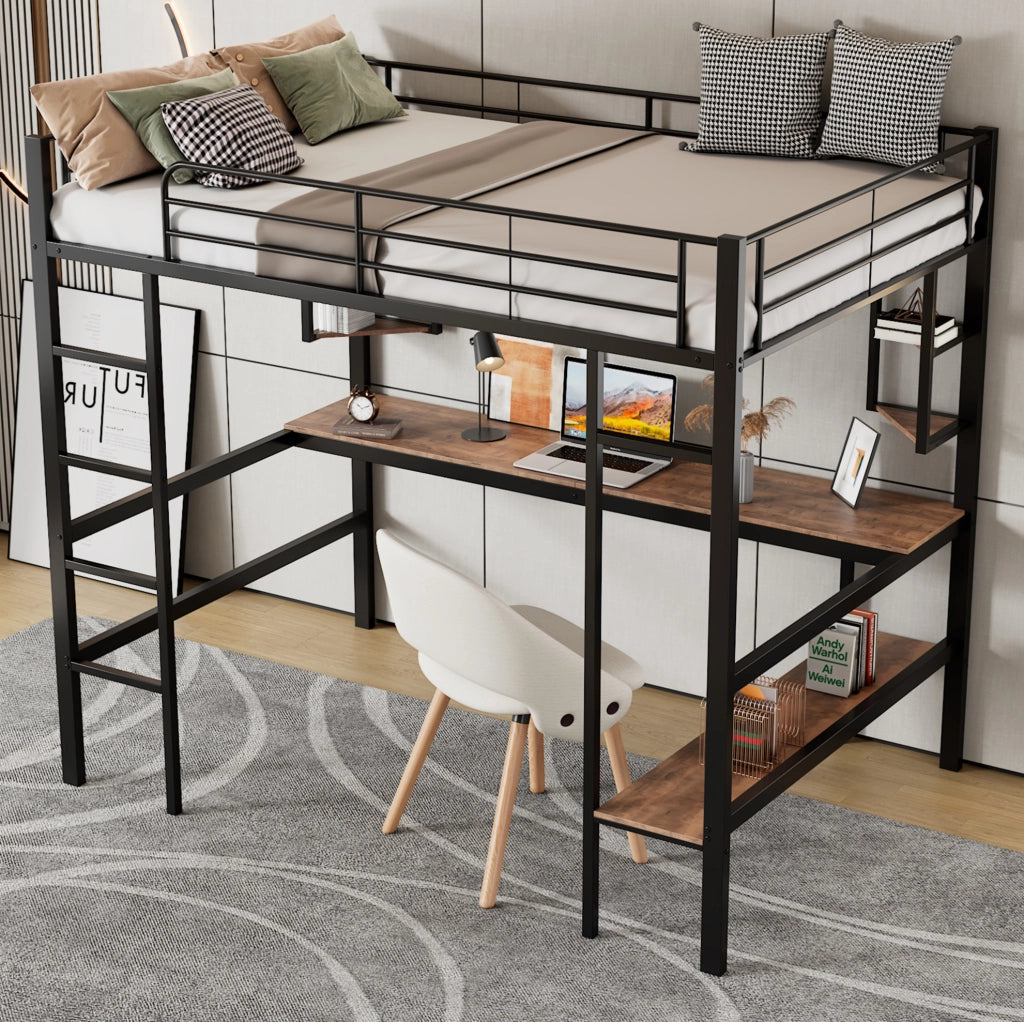 Letto a soppalco 90x200 cm con scrivania e libreria; metallo; nero