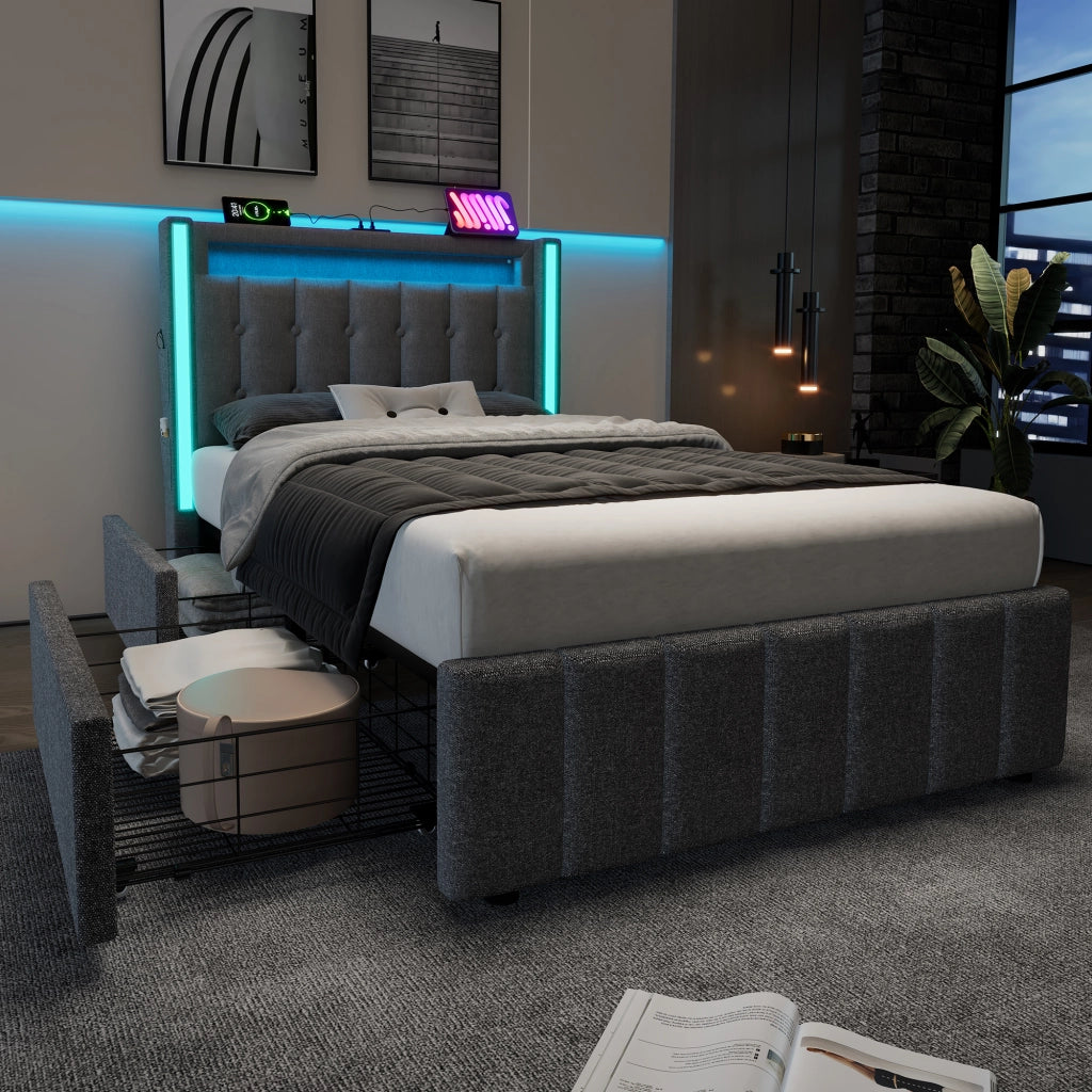 LETTO Singolo 90x200 cm in Lino Grigio con USB Type-C, LED e 2 Cassetti