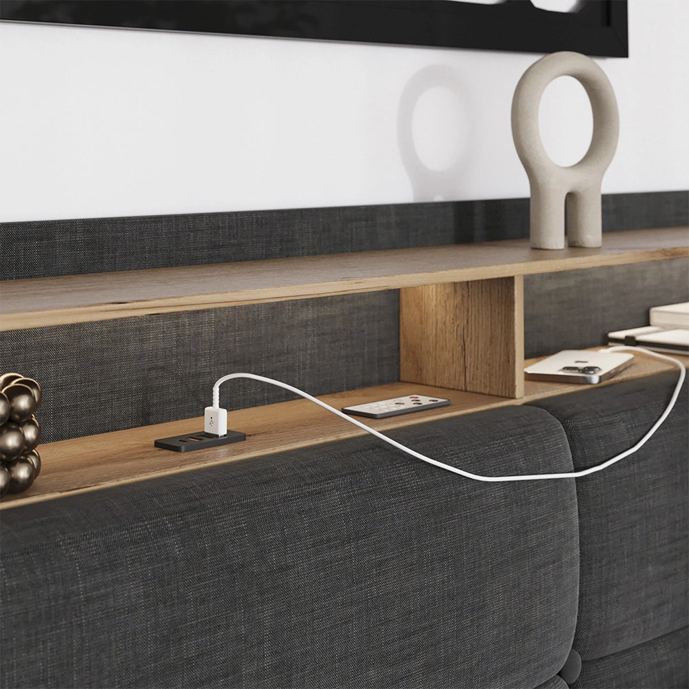 Vitalispa Letto imbottito Antracite/quercia 180x200 con LED e porta USB
