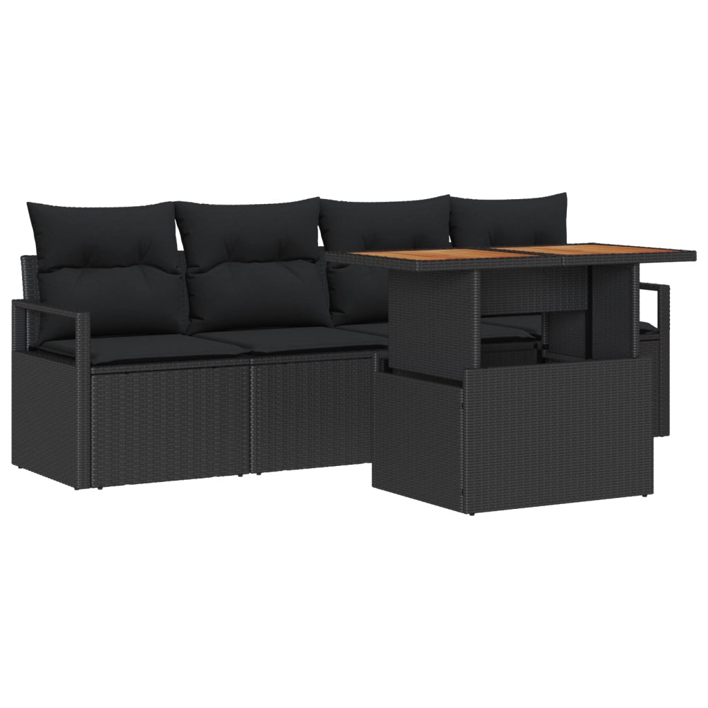 Set Divano da Giardino da 5 Pezzi con Cuscini Nero Polyrattan