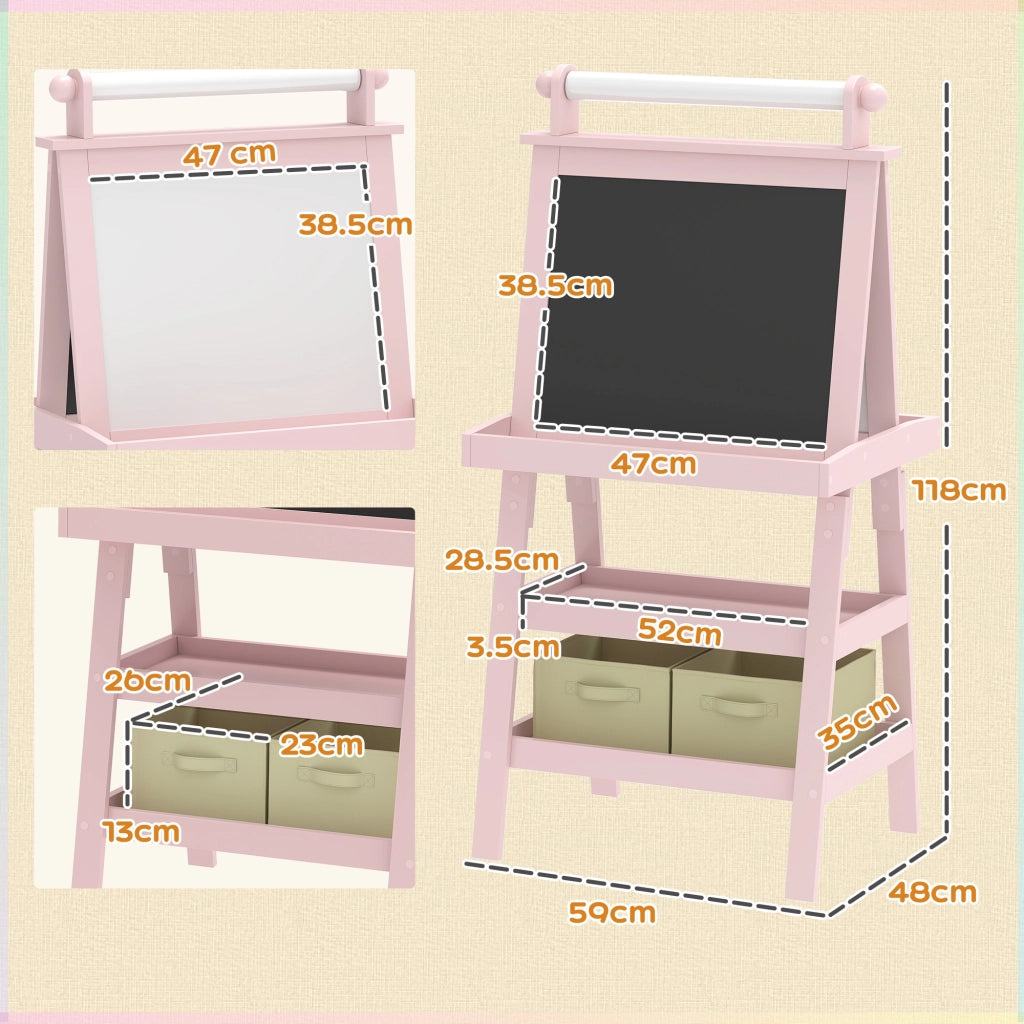 Lavagna per Bambini 3 in 1 con Cavalletto e Contenitori ¨C Minimal ¨C Legno Rosa 59x48x118 cm