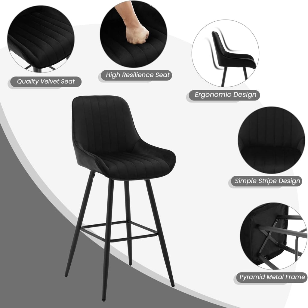 2 Sgabelli Alti da Bar con Schienale, Sedie Moderne con Poggiapiedi Quadrato, Sedie in Velluto Ergonomiche per Bistrot, Altezza Sedile 71cm, Gmabe in Metallo, Nero, BH394sz-2