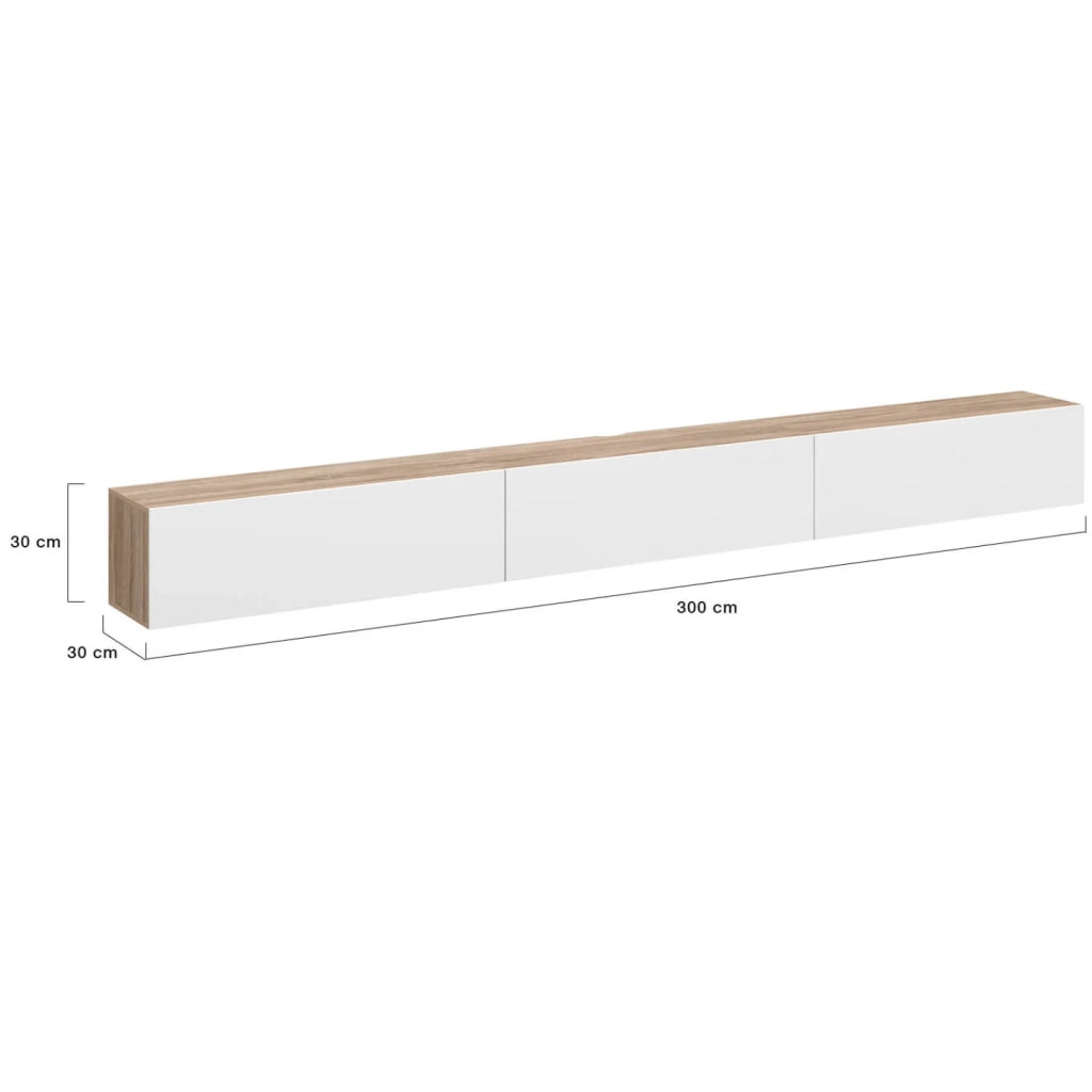 IDMarket - Mobile TV sospeso ELIO da 300 cm, 3 ante, in legno e bianco