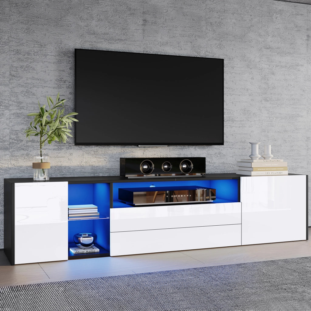 Mobile TV con 2 Cassetti; 2 Ante e LED; Frontale Lucido; Soggiorno; in Truciolare; Bianco e Nero; 180??40??45 cm