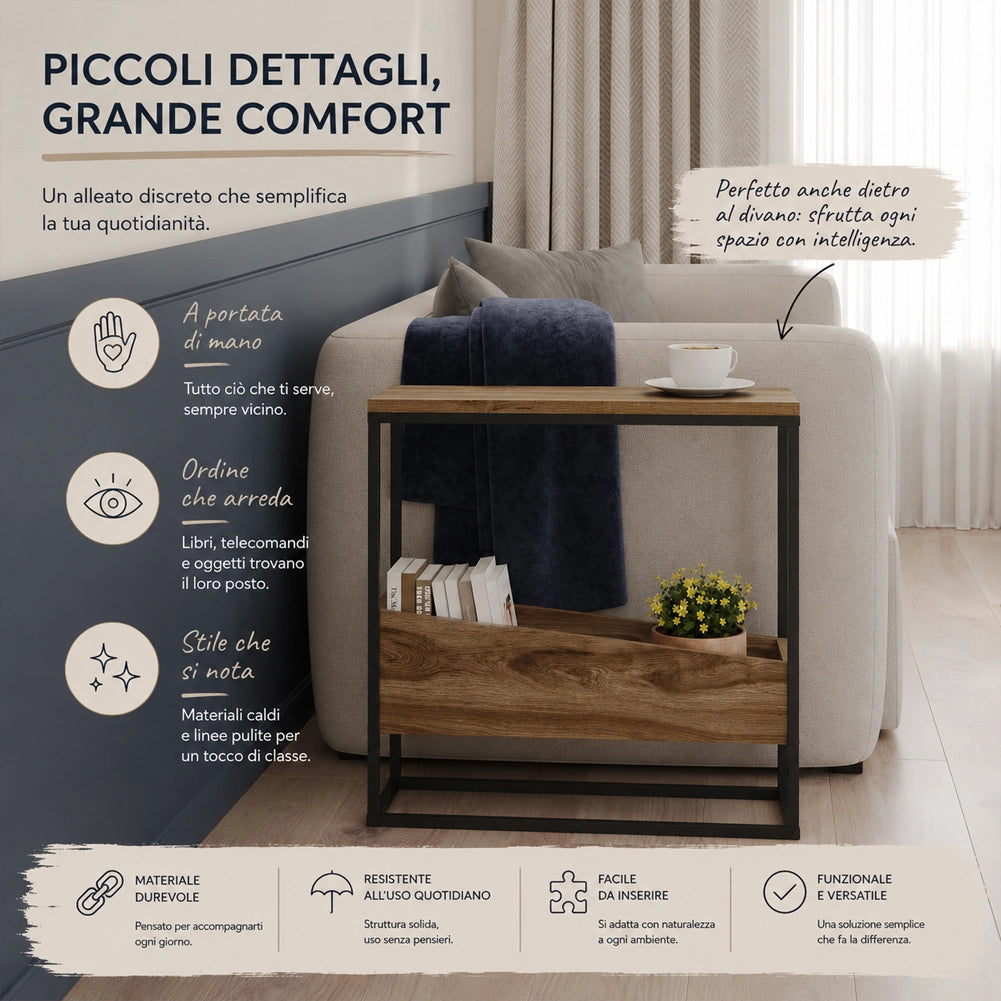 Tavolino Laterale Divano con 2 Ripiani Tavolo Multiuso Nero e Rovere 60x22x62cm