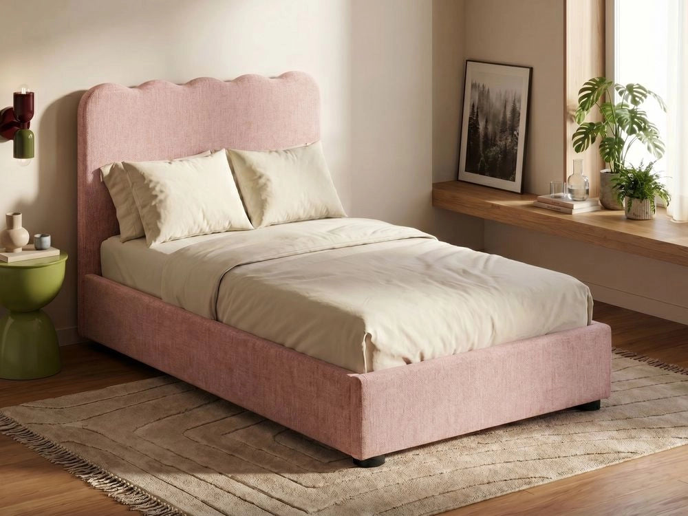 Letto in tessuto rosa pastello 120 x 200 cm contenitore elevabile con testiera e rete a doghe