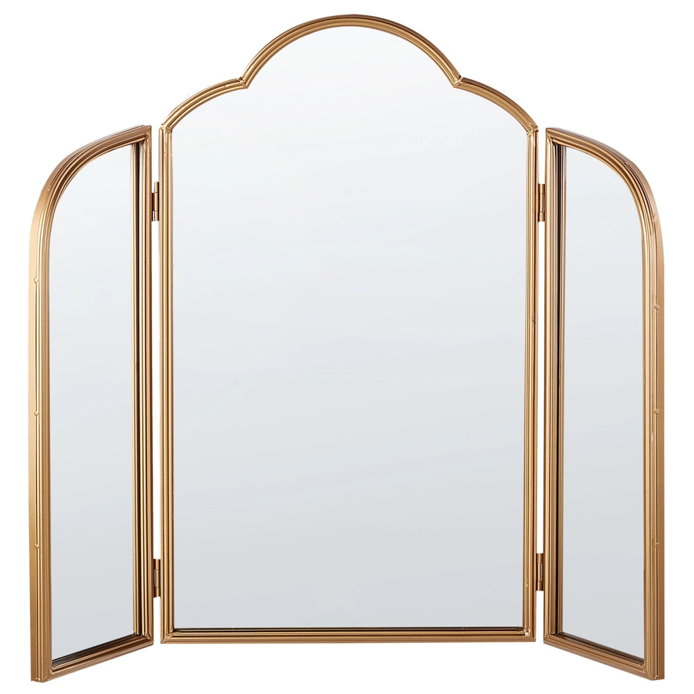 Specchio da tavolo Trifold in metallo dorato 87 x 77 cm Due ali laterali pieghevoli Make-up