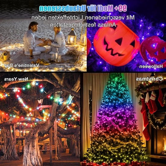 Fascia di illuminazione per esterni 10 m, 99 modi, impermeabile all'acqua, RGB, smart IC, catena di luci con timer, app e telecomando, sincronizzazione musicale, batteria inclusa per balcone, giardino, feste.