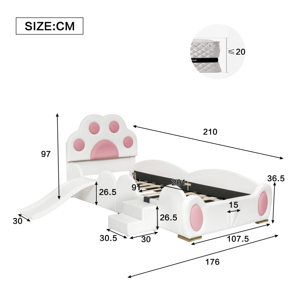 OKWISH Letto Bambini Singolo 90×200 cm con Scivolo, Scala a 2 Gradini e Tasca Portaoggetti, senza Materasso, in PU, Bianco e Rosa