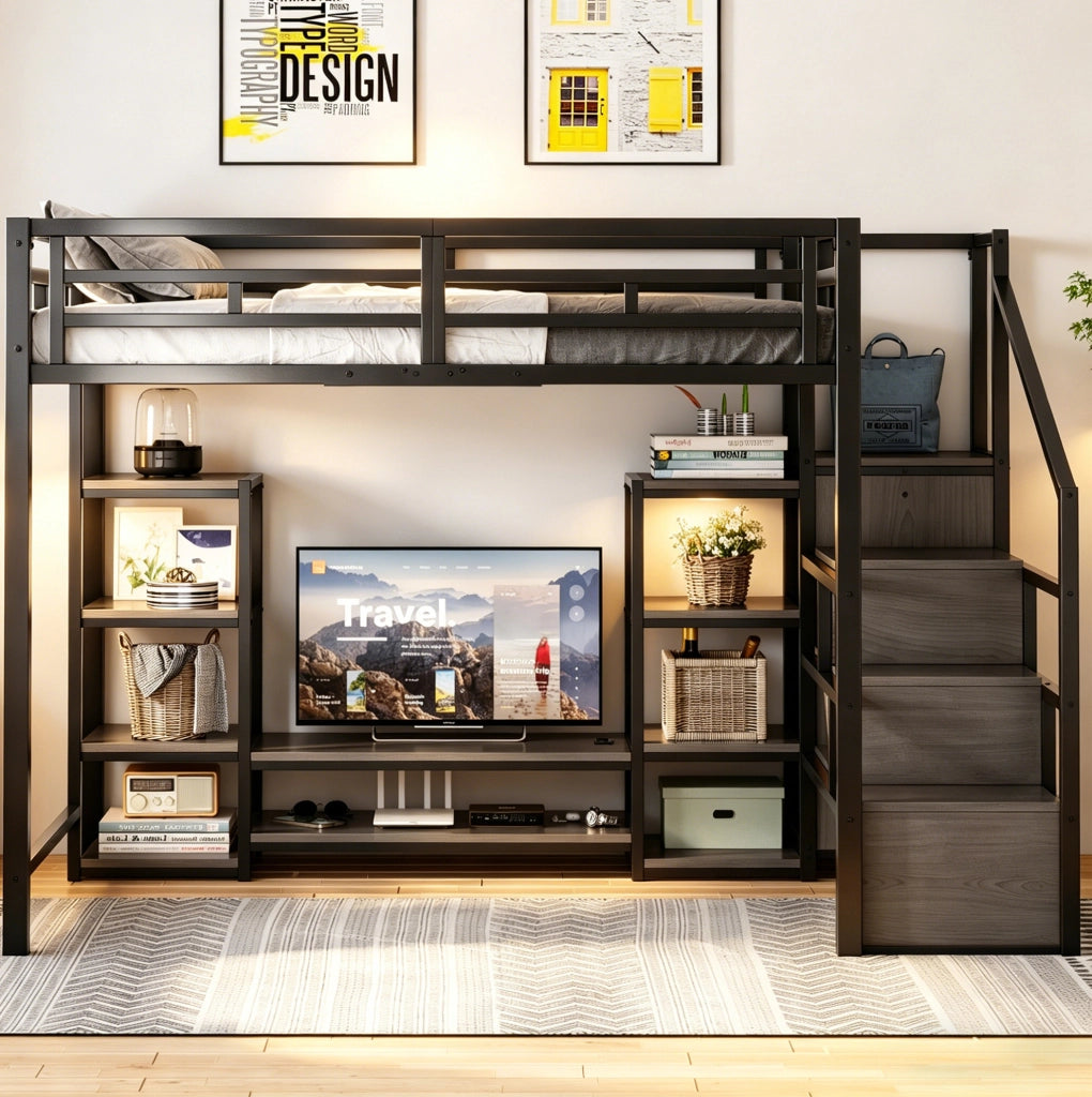 Letto a soppalco 140x200 cm con supporto TV e presa integrata; metallo e MDF; nero