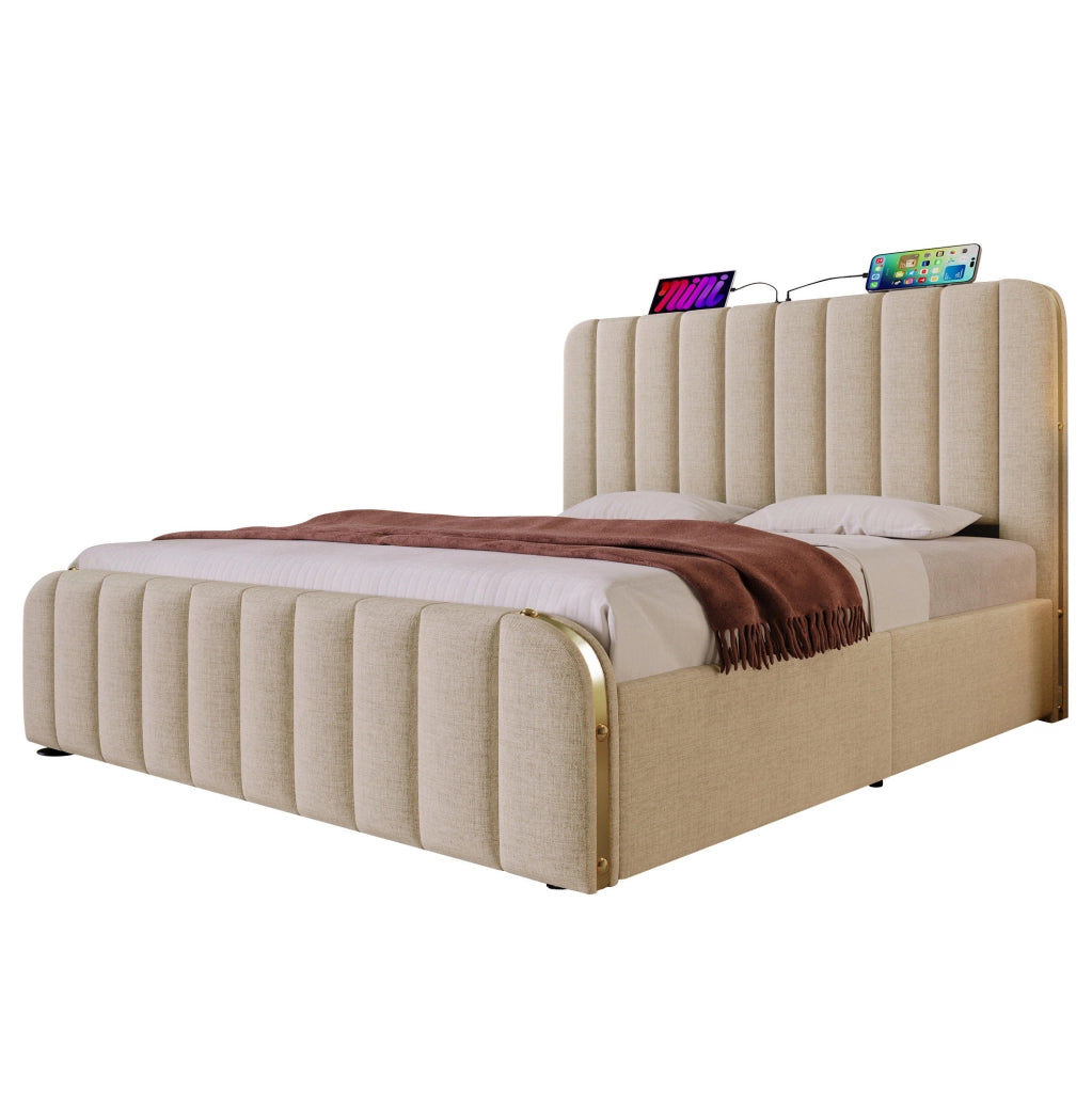 Letto matrimoniale 180x200 cm in lino beige con testiera imbottita; USB e 4 cassetti