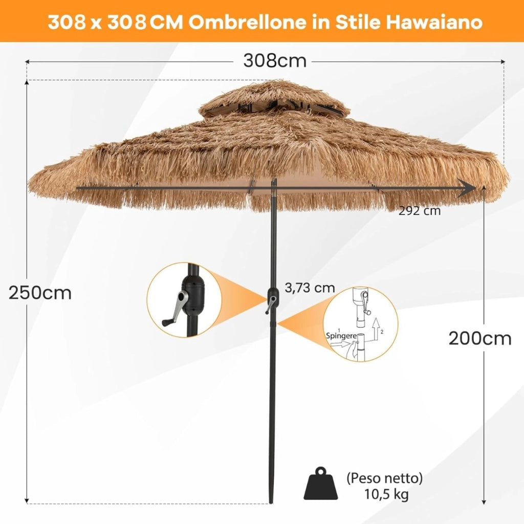 Ombrellone da spiaggia in stile hawaiano con luce centrale per giardino, Ombrellone di paglia hula solare Naturale+Nero-Ombrelloni