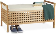 Banca con Ripostiglio - Cassetto in Legno con Copertura in Lino - Divano a Due Posti per Cucina, Corridoio o Camera da Letto - Bianco Naturale