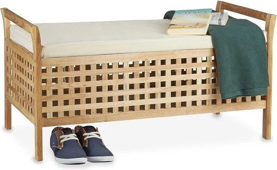 Banca con Ripostiglio - Cassetto in Legno con Copertura in Lino - Divano a Due Posti per Cucina, Corridoio o Camera da Letto - Bianco Naturale