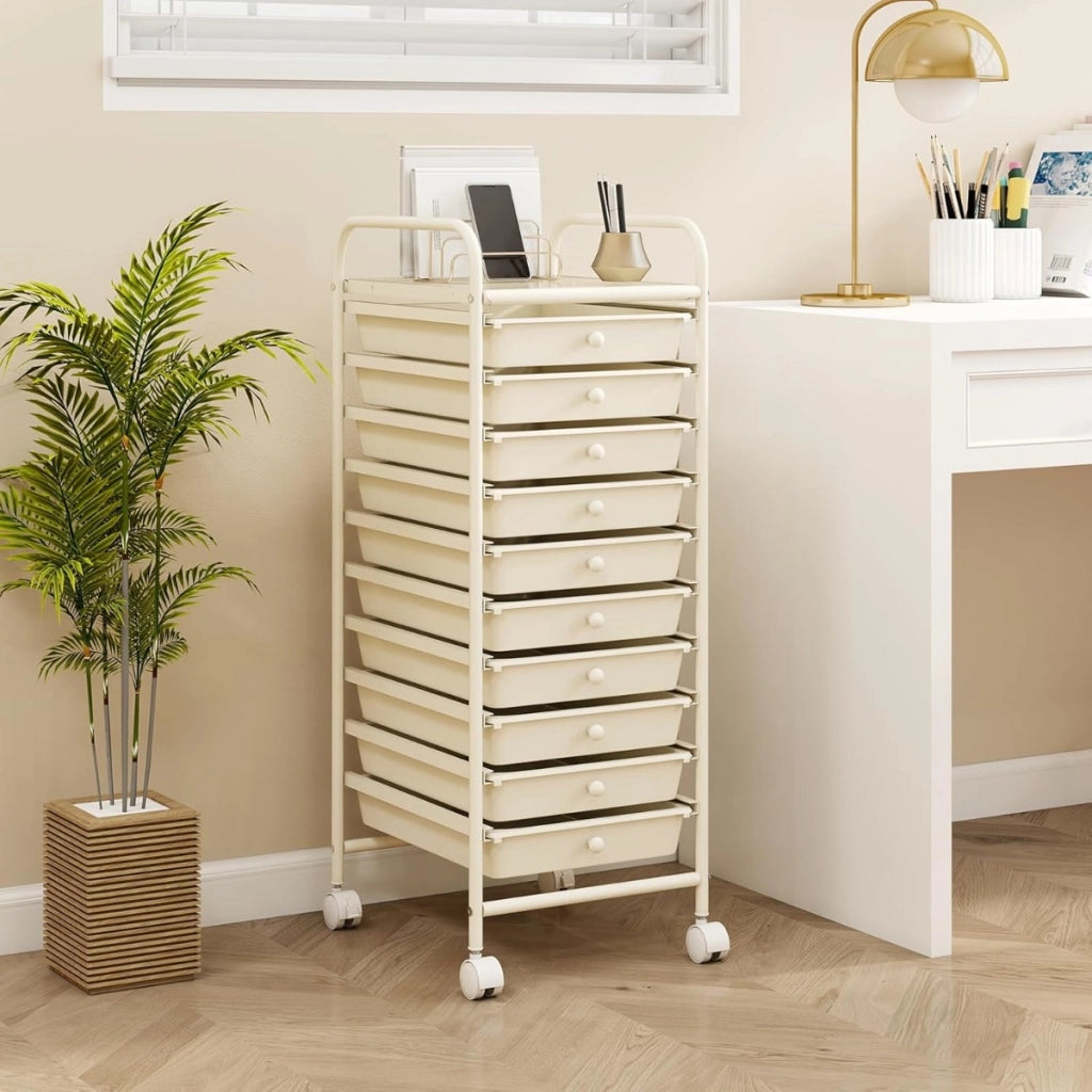 Carrello cassettiera multiuso con 10 cassetti da cucina, Contenitore con ruote a 10 ripiani per bagno Bianco