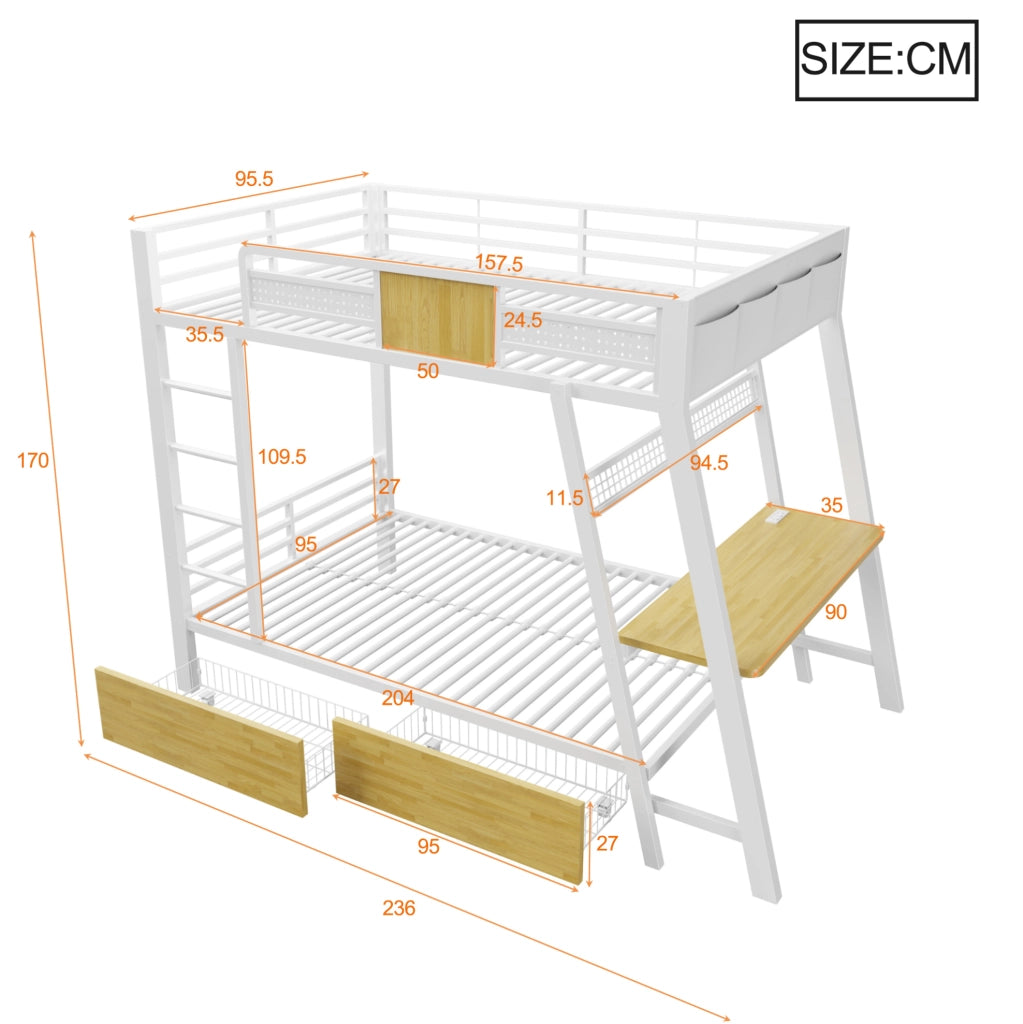 Letto a castello in metallo 90x200 cm con scrivania integrata; LED e vani contenitore; bianco