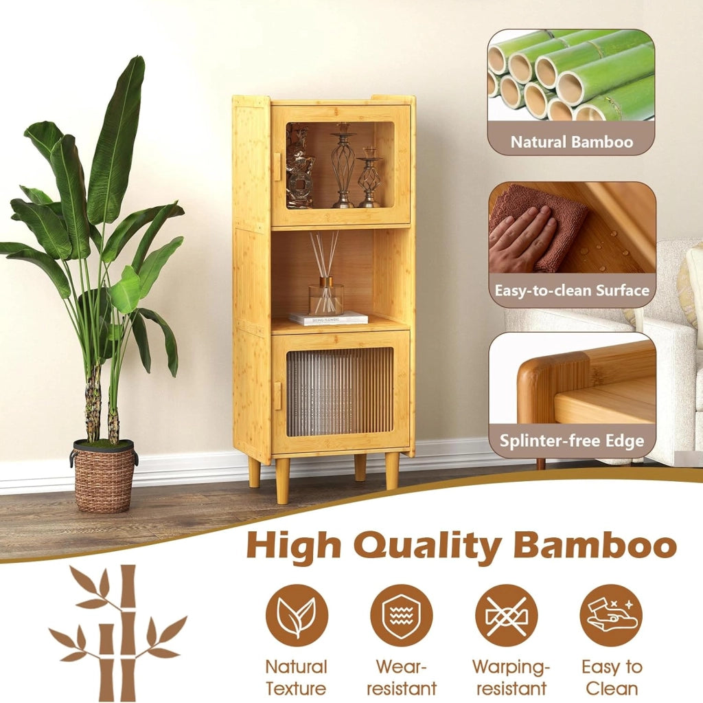 Credenza Cucina Salvaspazio in Bambù, Armadio Dispensa a 3 Cubi, Colonna Cucina con 2 Ante in Acrilico, Kit Anti-Ribaltamento per Sala da Pranzo, Studio, Soggiorno, 49,5x40x130 cm, Naturale