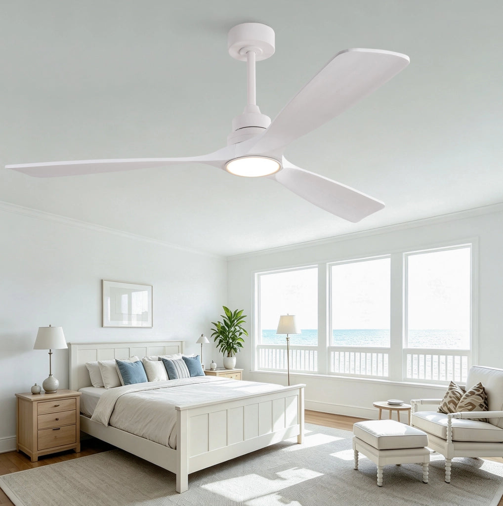 Ventilatore da soffitto da 60 pollici con luce LED; 3 pale in legno; bianco