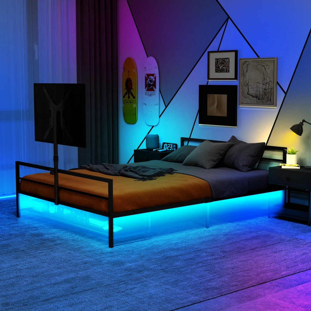 Letto per adulti in metallo nero con supporto monitor regolabile, luci LED e cestino, senza materasso