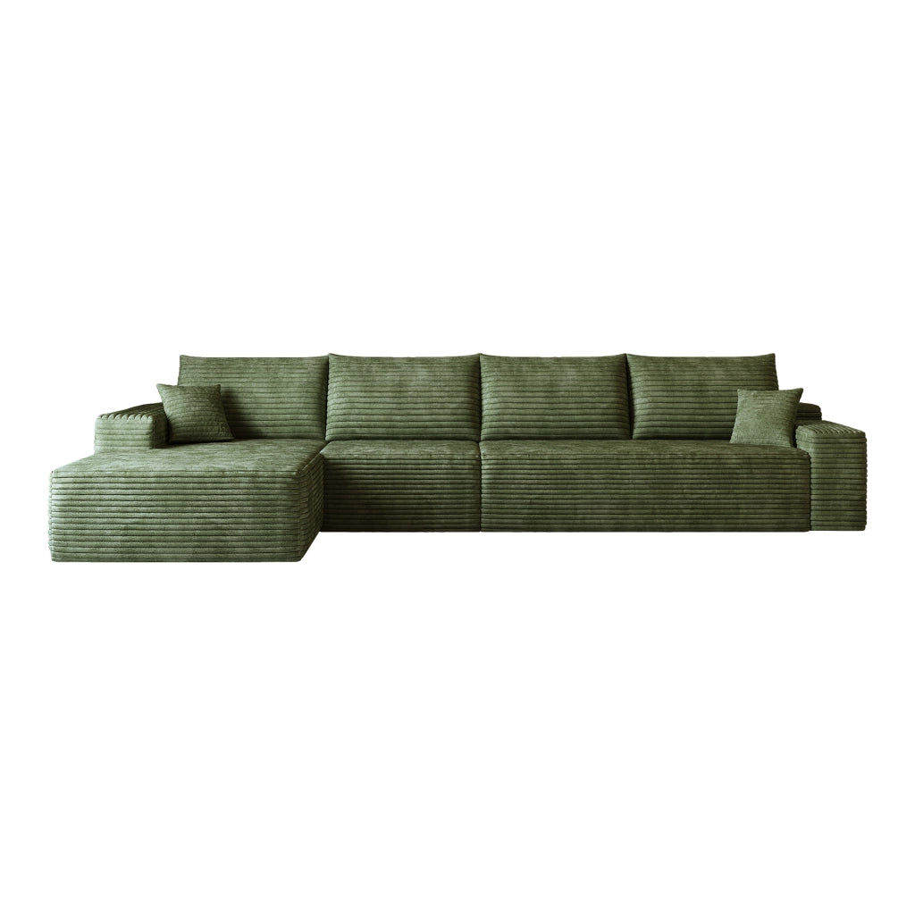 Divano angolare modulare - con chaise longue e seduta profonda - in tessuto a coste verde