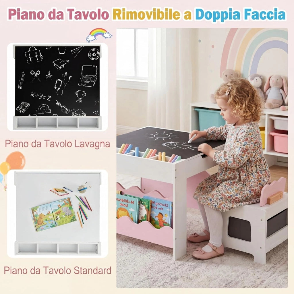 4 in 1 Set Tavolo e 2 Sedie per Bambini 3+ Anni (Rosa e Bianco) | Tavolo e Sedie con Lavagna Rimovibile, Sedia con Cassetto in Tessuto, Mobile in Legno Versatile per Cameretta e Soggiorno