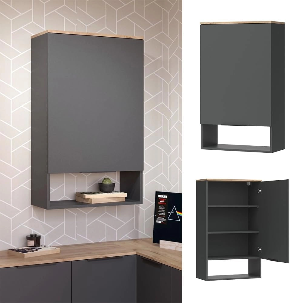 Credenza Wido, Antracite, con porta, adatto al montaggio a parete per bagno o cucina
