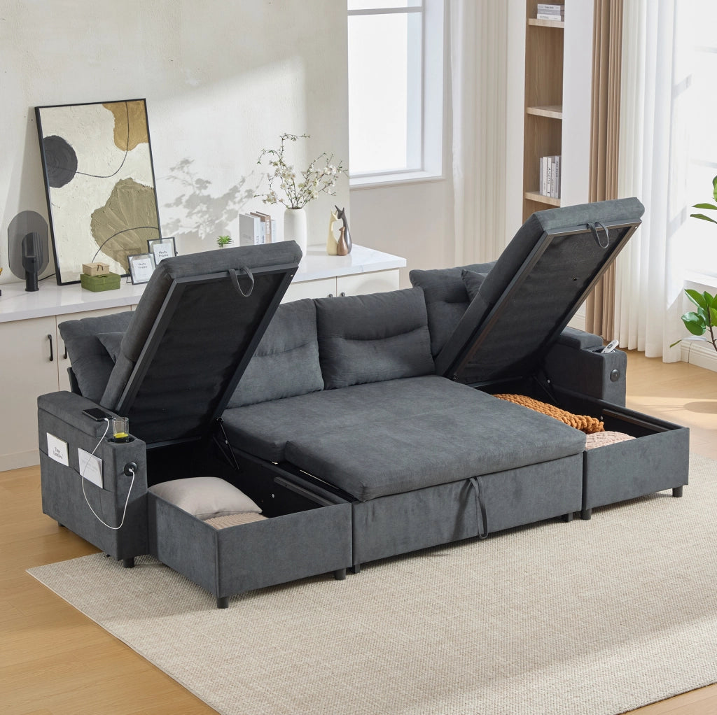 Divano 4 posti con doppia chaise longue; contenitori; portabicchieri e USB Type-C 272x136x86 cm; grigio scuro