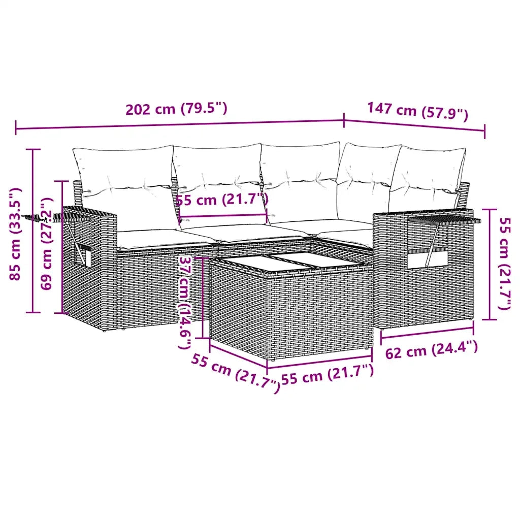 Set Divano da Giardino 5pz con Cuscini Grigio Chiaro Polyrattan