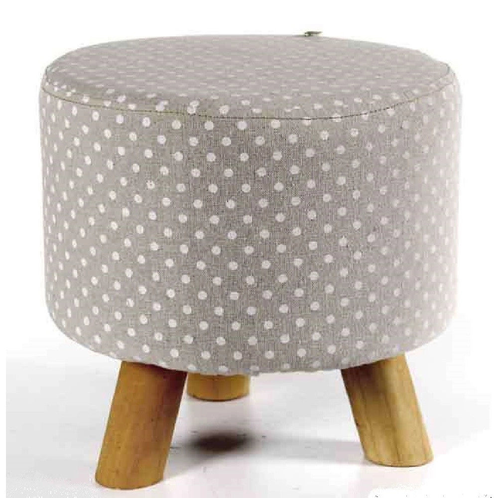 Trade Shop - Pouf Sgabello Poggiapiedi Tondo Struttura Legno Tessuto Pois Crema 28x28cm 823558 -