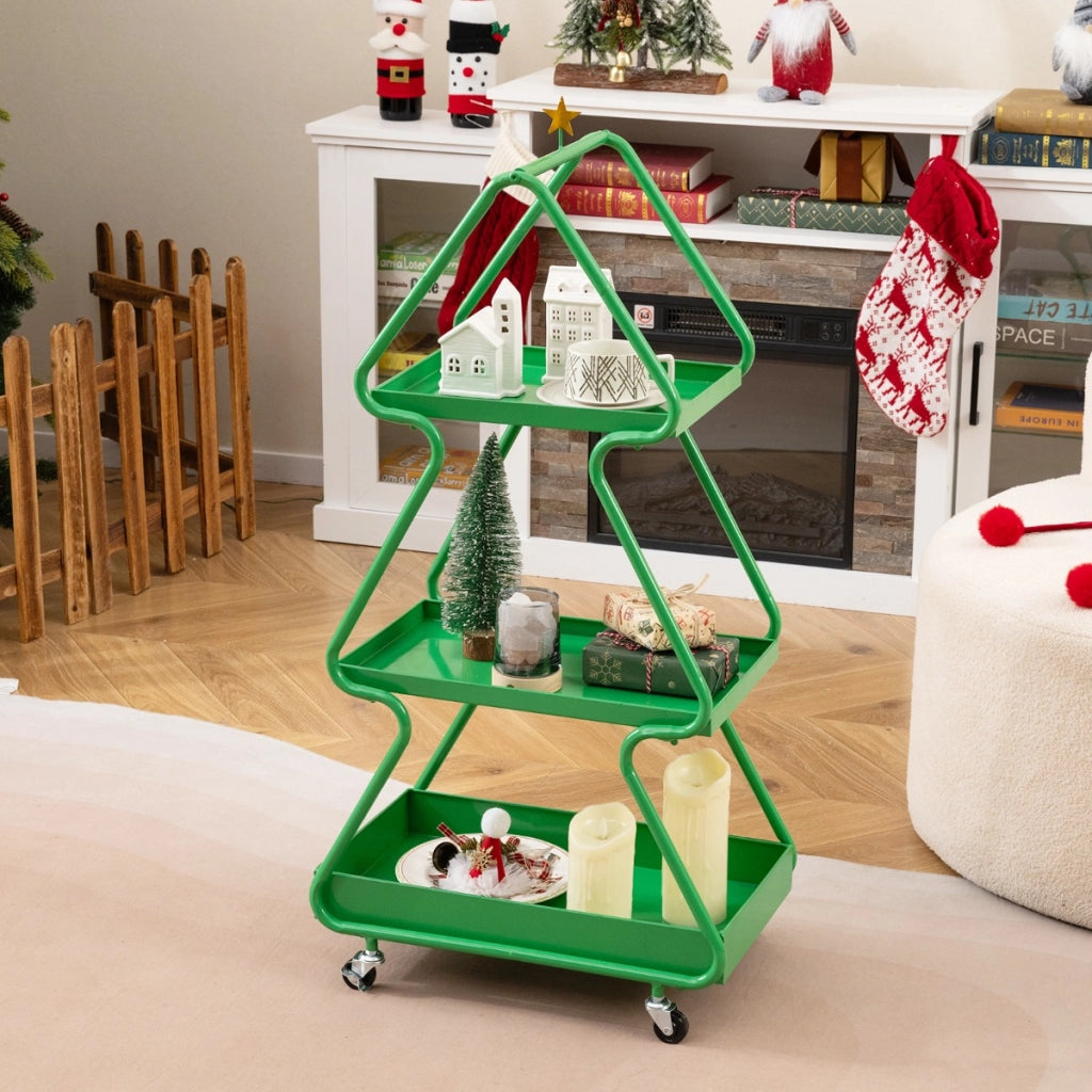Carrello natalizio girevole a 3 livelli con stella in alto, Carrello struttura metallica con ruote-Decorazioni natalizie