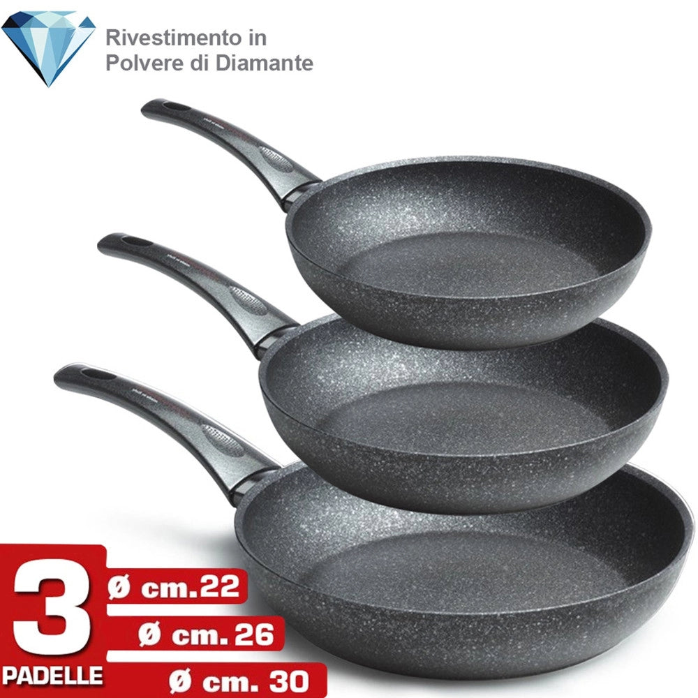 Trade Shop - Set 3 Padelle 22 26 30cm Rivestite Con Polvere Di Diamante Padella Antiaderente -