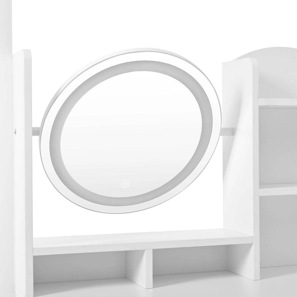 Toeletta con 4 cassetti; specchio LED e sgabello per camera da letto in truciolare bianco