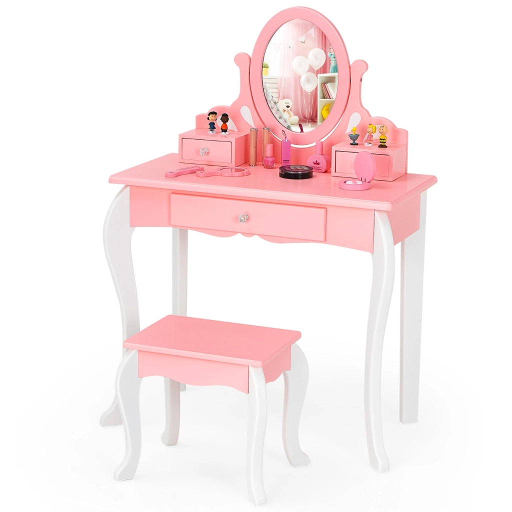 Set toeletta per bambini con specchio girevole a 360¡ã e 3 cassetti, Set tavolo da trucco e sgabello Rosa-Toelette per bimbi