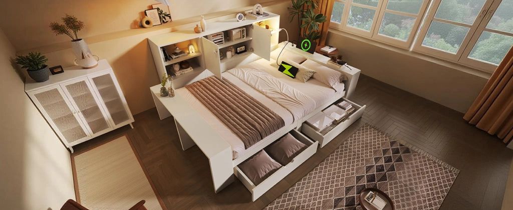 DESMIU Letto contenitore 140 × 200 cm 2 posti con cassetti, USB e Type-C, senza materasso, in MDF, bianco