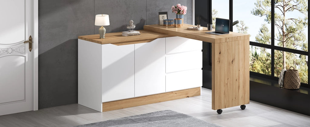 Scrivania pieghevole multifunzionale con 2 ante, 3 cassetti e ruote frenanti, per studio, bianco e rovere 120 × 50 × 78 cm