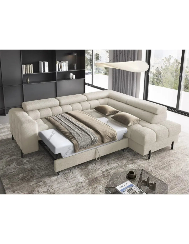 Divano FERRUM Beige chiaro convertibile 5 posti angolo destro con contenitore 276x93x200cm